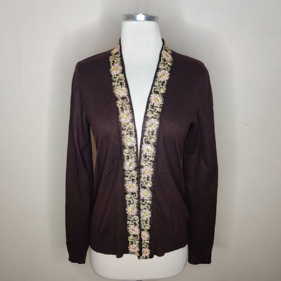 Cache Embroidered Cardigan Beaded Sequin Trim Open Front - Picture 1 of 12